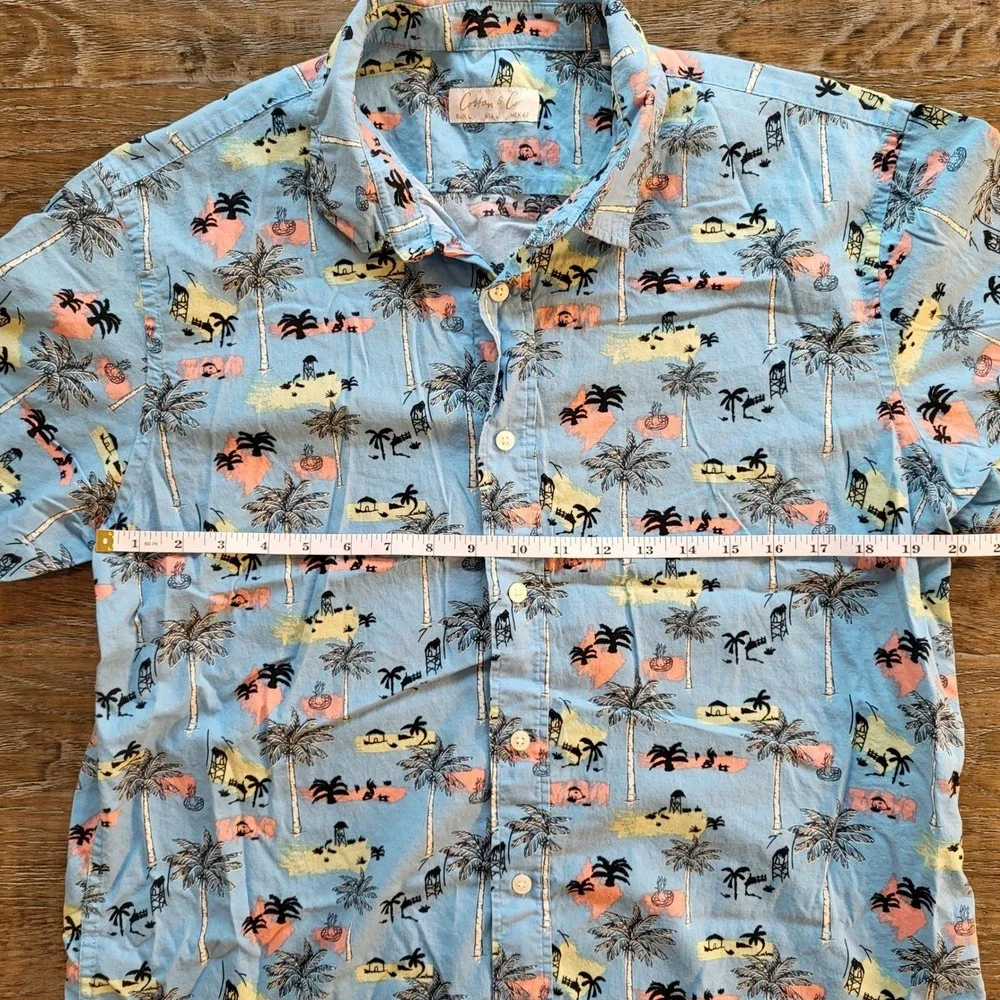 Cotton & Co Mens Large Blue Tropical Palm Tree Beach Print Button Down Shirt L